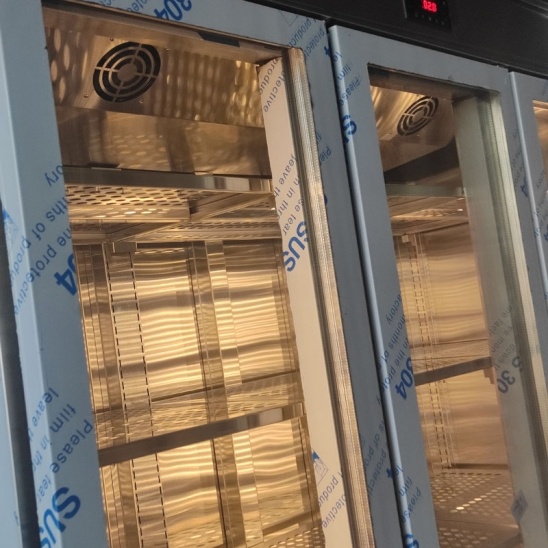 Customized 304 stainless steel three  glass door display cabinets 