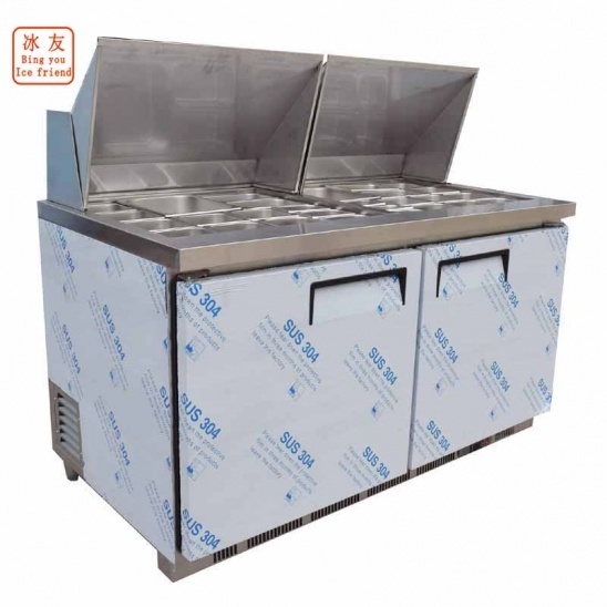 Customized horizontal 304 stainless steel  air-cooled salad bar display freezer with stainless steel cover 