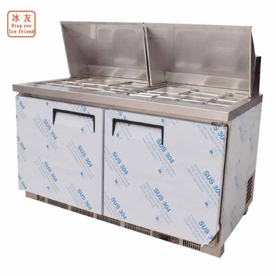 Customized horizontal 304 stainless steel  air-cooled salad bar display freezer with stainless steel cover 