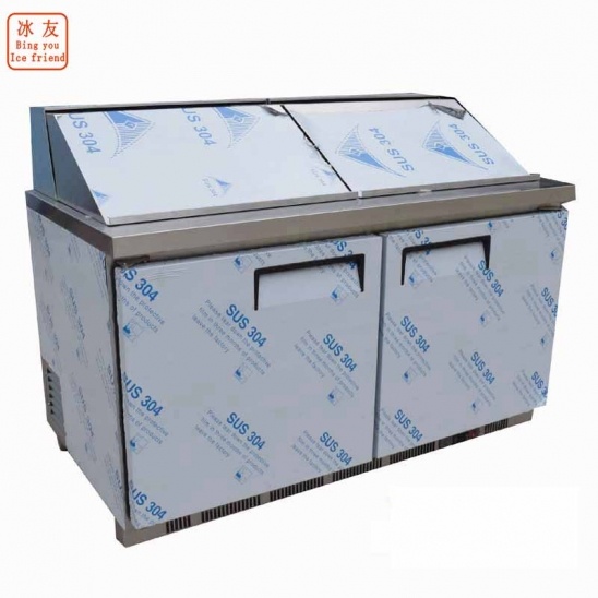Customized horizontal 304 stainless steel  air-cooled salad bar display freezer with stainless steel cover 